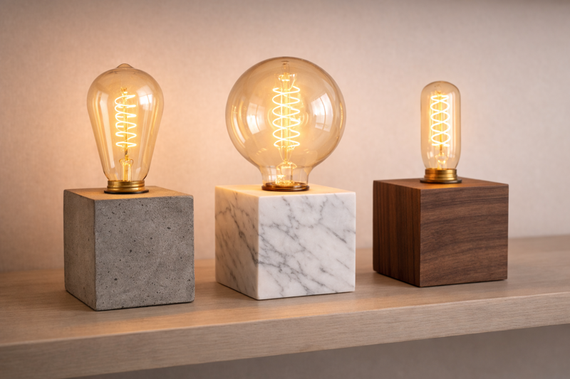 A collection of cube lamps on a shelf. One is grey concrete with a ST64 bulb. One is white marble with a G125 globe. One is dark walnut with a T45 tube.