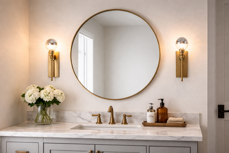 A bathroom vanity mirror. Flanking the mirror are two brass sconces holding silver-tipped bulbs. The light reflects back onto the wall, creating a halo.