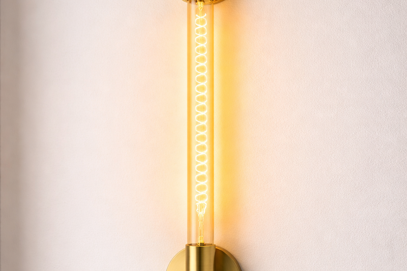 A minimalist brass disk mounted on a white wall. A long T30 tubular bulb is screwed in vertically. It looks like a lightsaber of warm light.