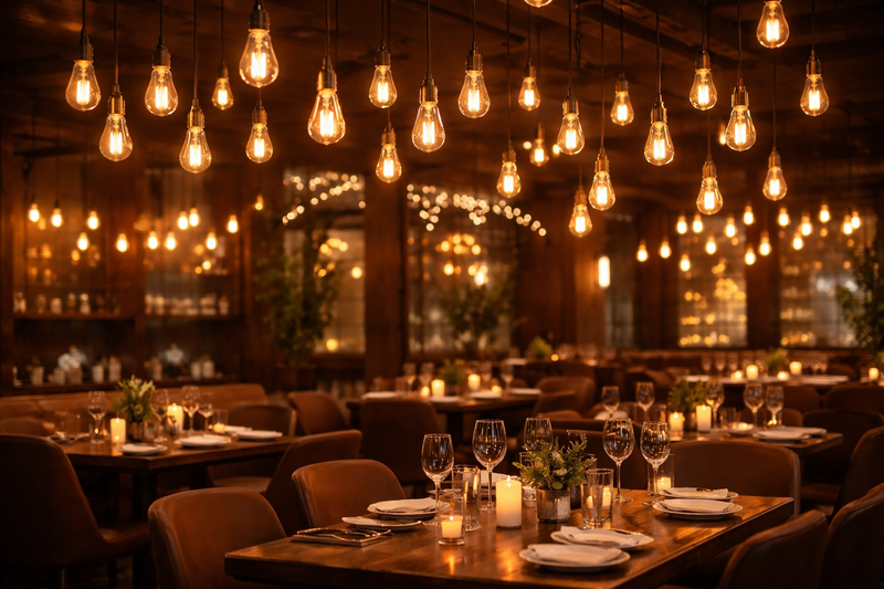 A romantic restaurant interior. Dark wooden tones are illuminated by warmth. Clusters of Edison bulbs hang at different heights, creating a golden canopy over the dining area