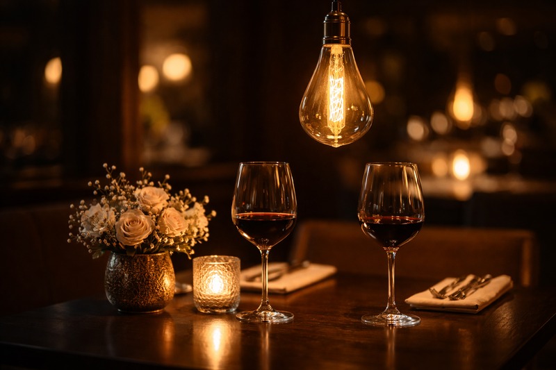 The Privacy Cone A romantic dinner setting. A single pendant light with a teardrop Edison bulb hangs low over a table with wine glasses. The background is dark and blurry.