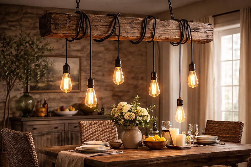 A dining room scene. A large, rough-hewn wooden beam hangs from chains. Cables are wrapped loosely around it, dangling bulbs at different lengths over a table.