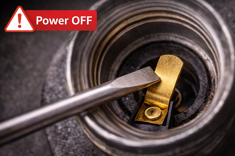 The Tab Lift Close-up photo of a flathead screwdriver gently prying up the brass tab inside a light socket. A warning icon says 'Power OFF'.