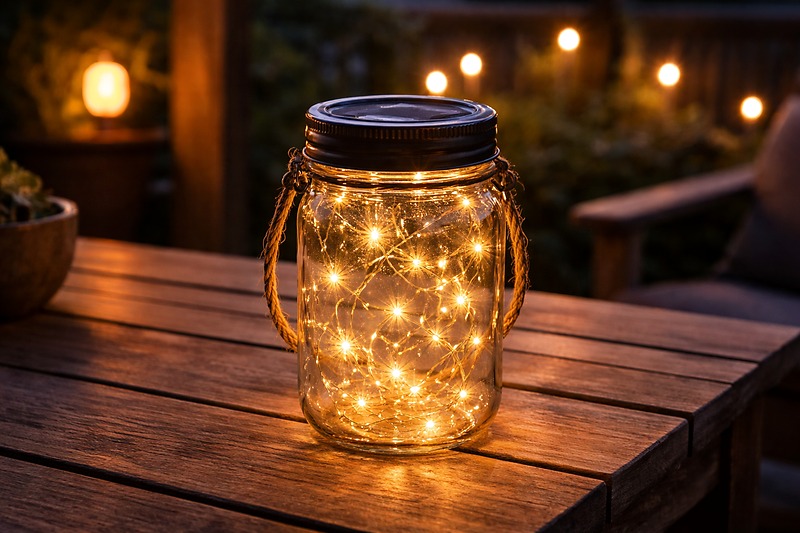 Captured Fireflies A wooden patio table at night. Sitting on it is a Mason jar filled with tiny points of light, like captured fireflies. The lid is black plastic with a solar square.