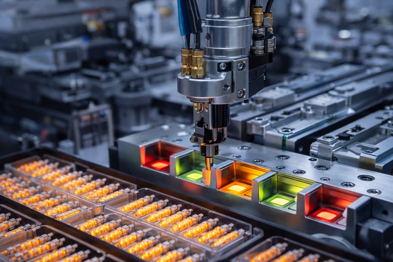 An automated assembly line. A robotic arm picks up tiny orange LED filaments. It places them into different slots based on a flashing sensor reading.