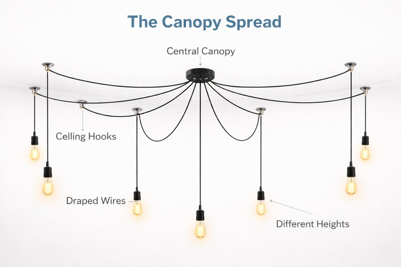 The Canopy Spread Diagram of a spider chandelier installation. It shows the central canopy, the draped wires, the ceiling hooks, and the bulbs hanging at different heights.