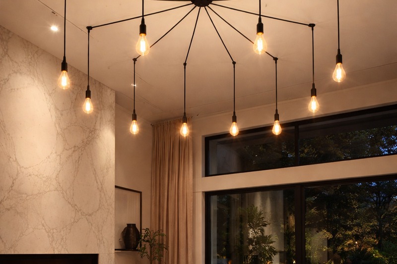 A large, modern living room with high ceilings. Hanging in the center is a 'Spider Chandelier' with 10 arms spreading out, each ending in a glowing Edison bulb.