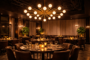 A large dining room with a complex brass sputnik chandelier. The bulbs are round globes that glow softly without hurting the eyes. The light is warm and inviting