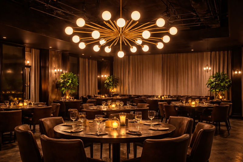 A large dining room with a complex brass sputnik chandelier. The bulbs are round globes that glow softly without hurting the eyes. The light is warm and inviting