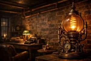 A dimly lit room with exposed brick walls. Copper pipes run along the ceiling. A large, intricate brass lamp holds a glowing warm spiral bulb. The atmosphere is moody and industrial