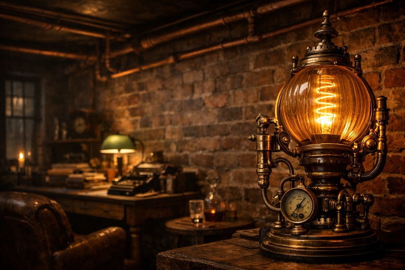 A dimly lit room with exposed brick walls. Copper pipes run along the ceiling. A large, intricate brass lamp holds a glowing warm spiral bulb. The atmosphere is moody and industrial