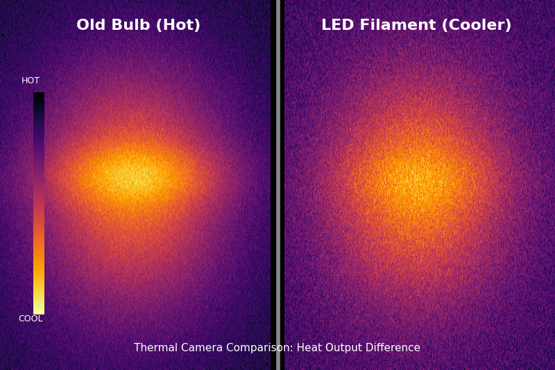 Thermal camera image comparing an old bulb (bright red/white hot) vs. an LED filament bulb (cool blue/orange warm). The difference is drastic.