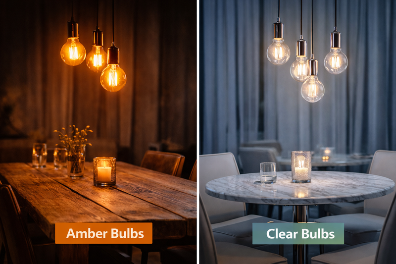 The Tint Effect A split room view. Left side: Rustic wood table with Amber bulbs. Right side: Marble and chrome table with Clear bulbs. The moods are distinct.