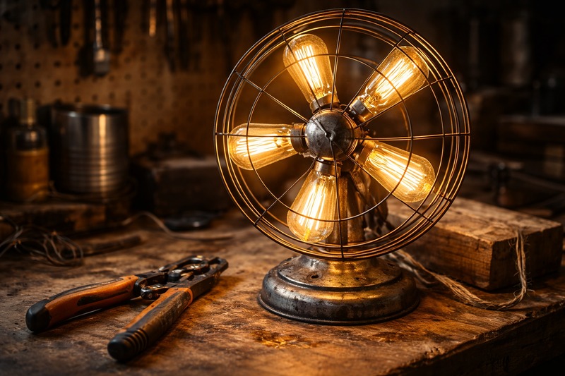 The Trash to Treasure A photo of a workbench. On it sits a vintage 1950s metal fan, but the blades are removed and replaced with glowing Edison bulbs. Next to it are wire strippers and a wooden block.