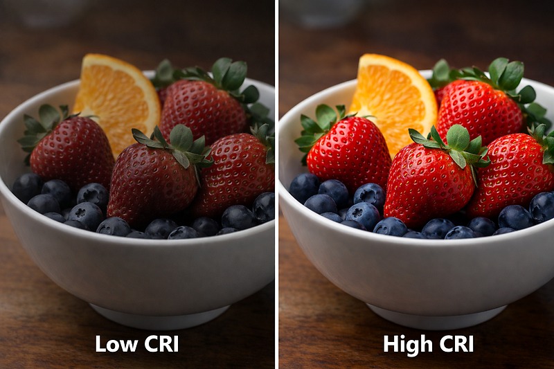 Side-by-side comparison of a bowl of fruit. Under low CRI light (left), the strawberries look muddy and dull. Under high CRI light (right), the red is vibrant and the green is fresh.