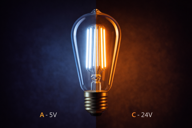 A split image showing the same vintage bulb. On the left, it glows bright blue-white. On the right, it glows warm candlelight orange.