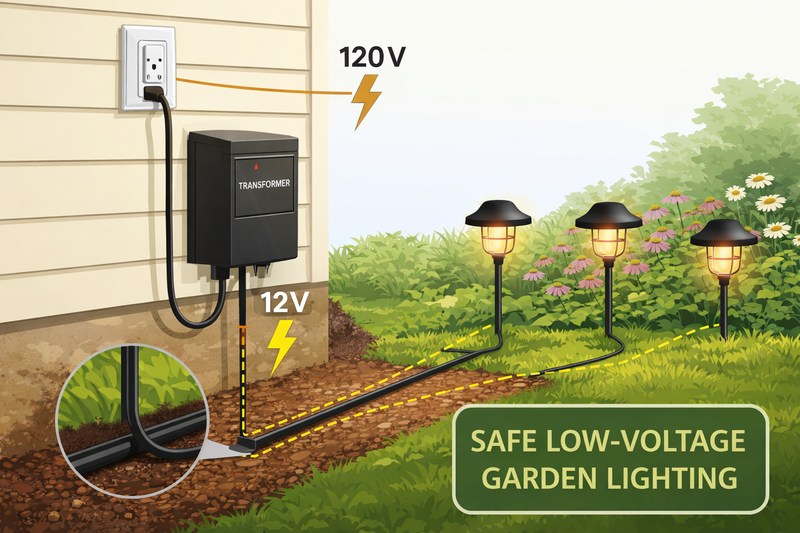Diagram showing a 12V transformer connecting to garden lights