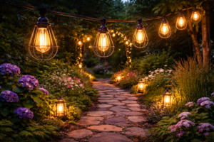 A beautiful garden path lit by hanging Edison bulbs in open cages