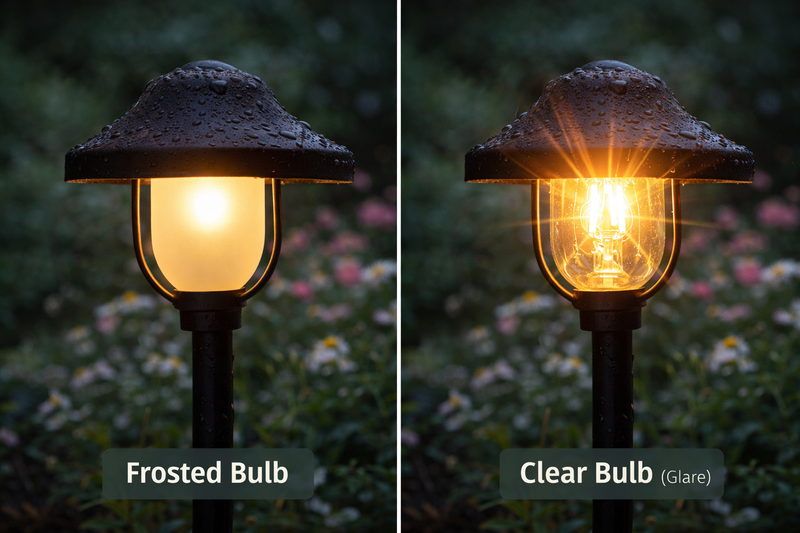 A path light with a frosted bulb vs a clear bulb showing glare reduction