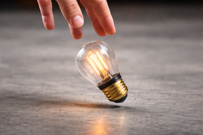 A hand dropping a plastic bulb onto a concrete floor, it bounces instead of breaking