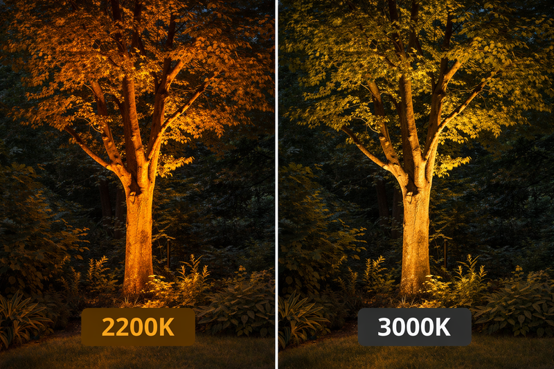 Side by side comparison of a tree lit with 2200K vs 3000K light