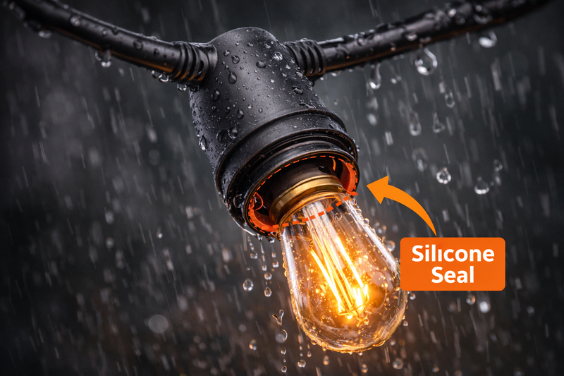 Close up diagram of a waterproof bulb base showing the silicone seal