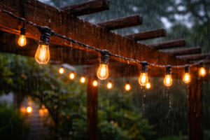 Weatherproof string lights glowing in the rain on a backyard pergola