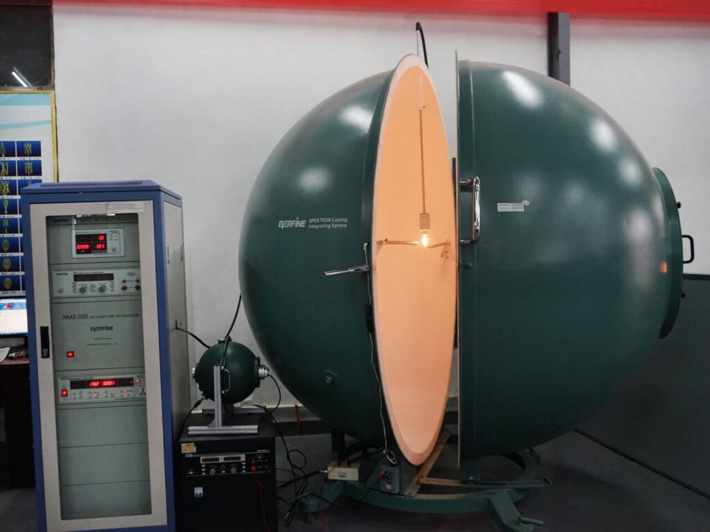 Integrating sphere used for decorative LED bulb light performance testing at HongYu Bulb factory in Dongguan, China