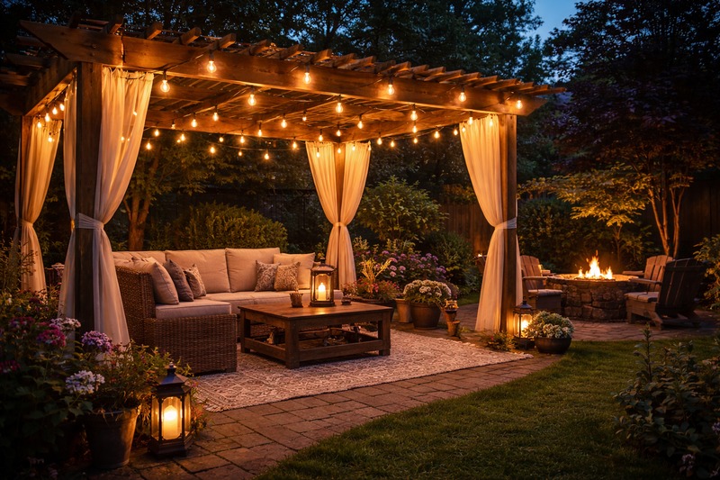 A backyard pergola glowing with warm solar string lights at twilight