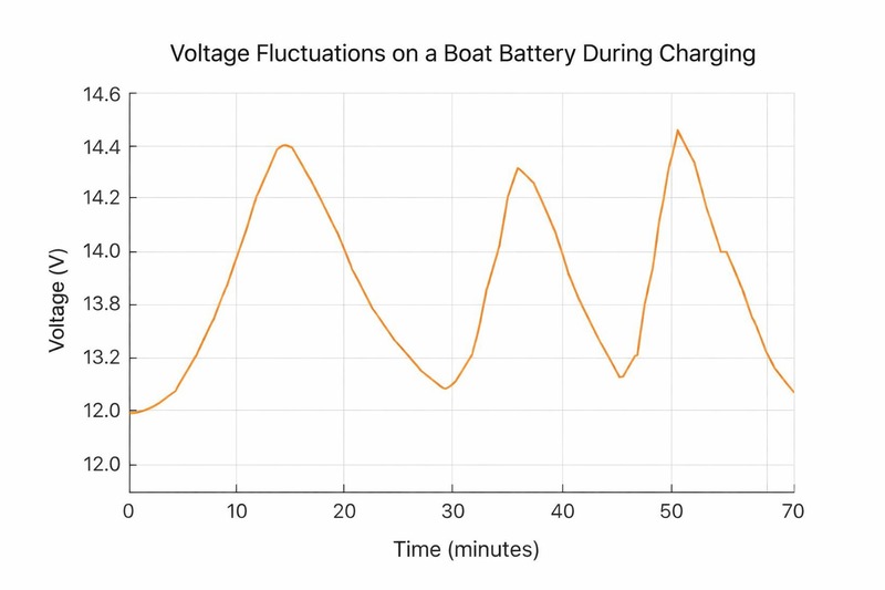 Chart showing voltage fluctuations on a boat battery during charging