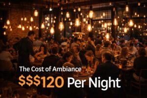 A busy restaurant interior filled with glowing hanging vintage bulbs