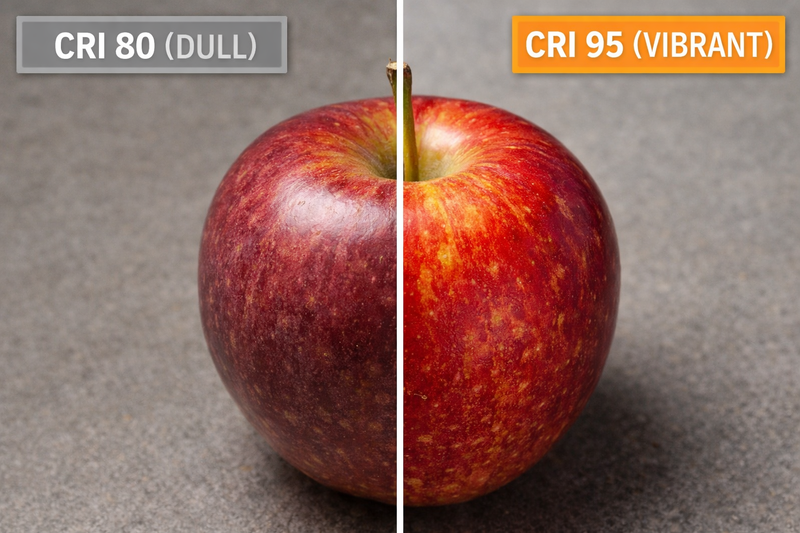 A split photo of a red apple under CRI 80 light (dull) and CRI 95 light (vibrant)