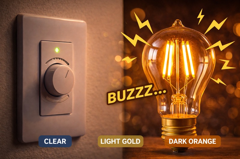 Close up of a modern dimmer switch next to a buzzing light bulb