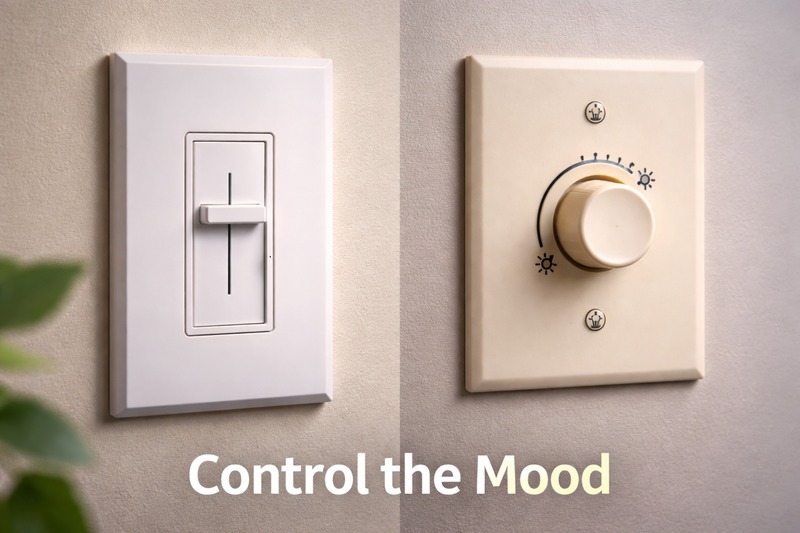 A close-up of a new slider dimmer switch next to an old rotary knob