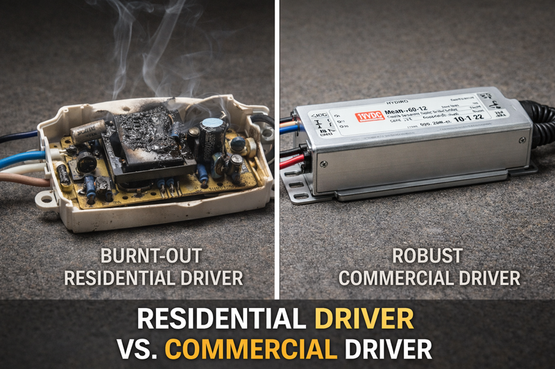 Comparison of a burnt out residential bulb driver vs a robust commercial driver