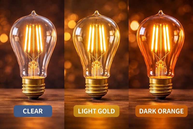 Three bulbs next to each other: Clear, Light Gold, and Dark Orange glass