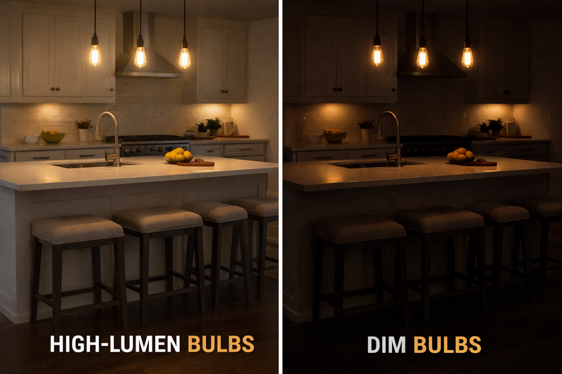 A bright kitchen island lit by high-lumen vintage bulbs vs a dim one