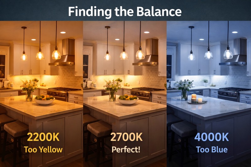Comparison of a kitchen lit with 2200K (too yellow), 2700K (perfect), and 4000K (too blue)