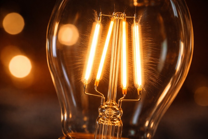 Close up of an LED filament structure vibrating but staying lit