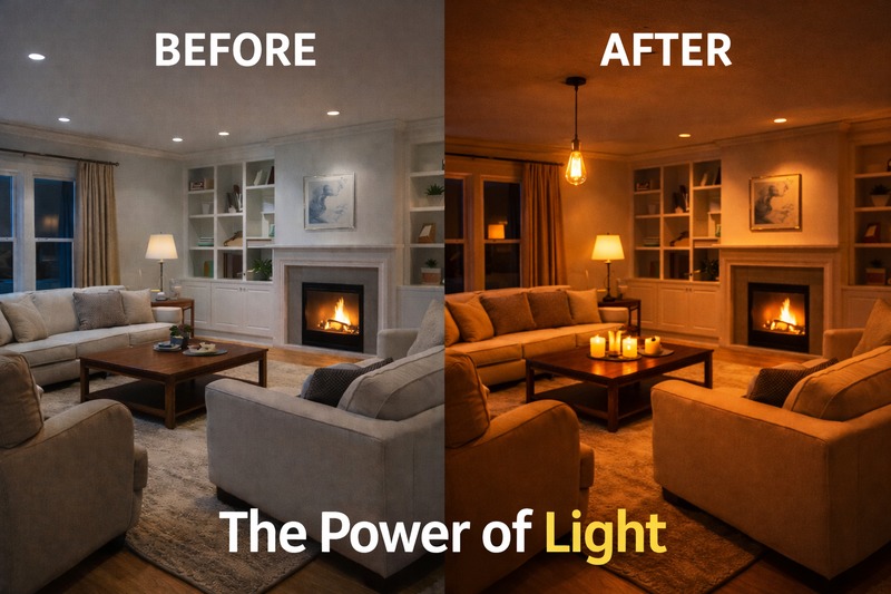 A beautiful living room before and after installing vintage bulbs