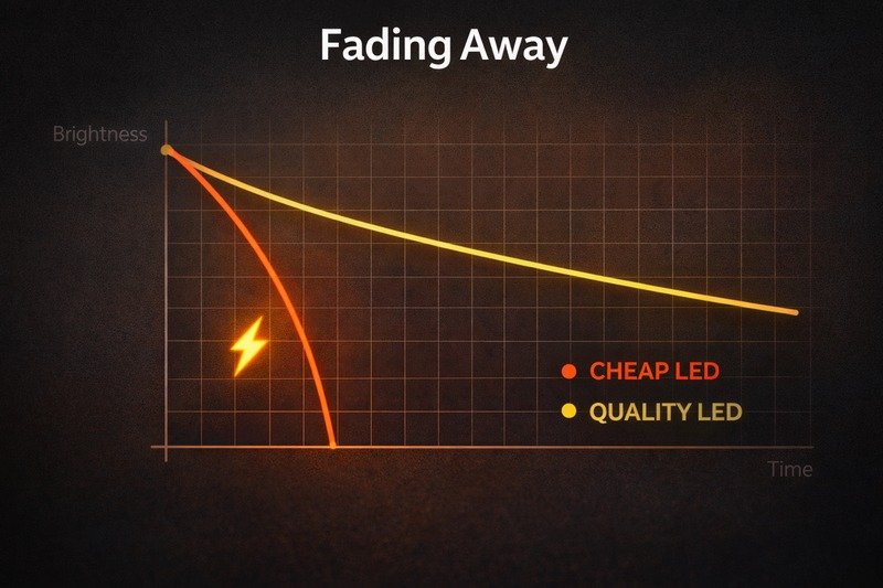 Graph showing rapid brightness drop of cheap LED vs steady curve of quality LED