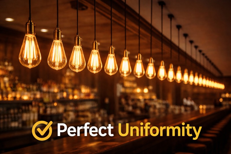 A long row of identical pendant lights showing perfect color consistency