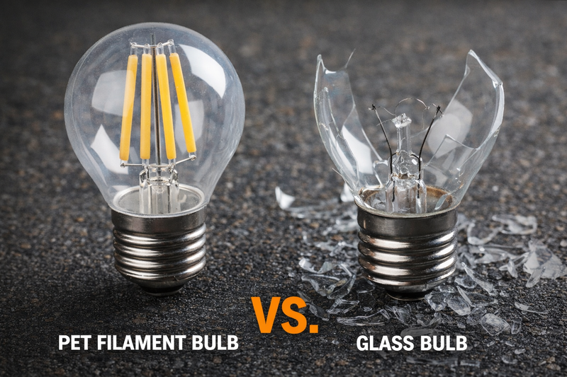 A close up of a PET filament bulb next to a shattered glass bulb