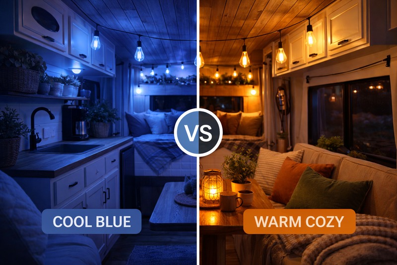 Split screen of an RV interior: Left is blue/cold, Right is warm/cozy