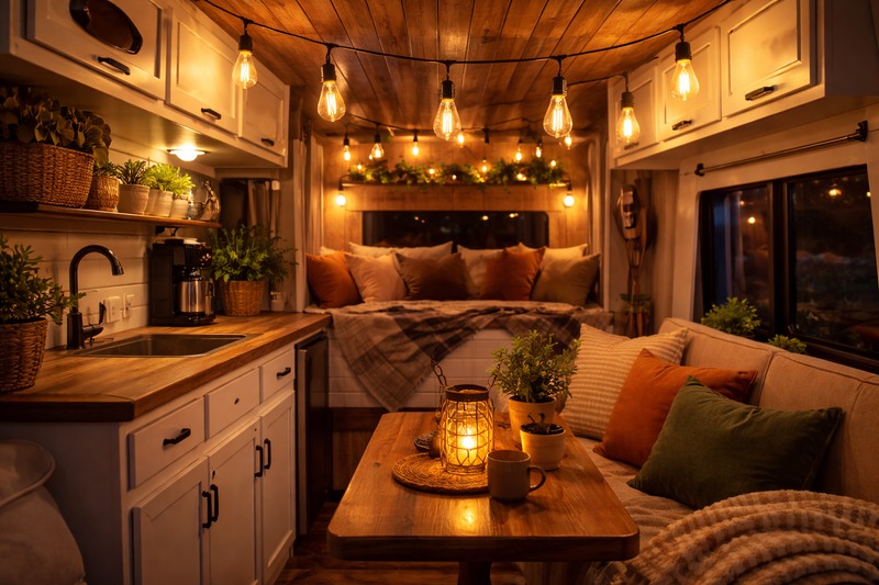 A cozy RV interior at night glowing with warm hanging Edison bulbs