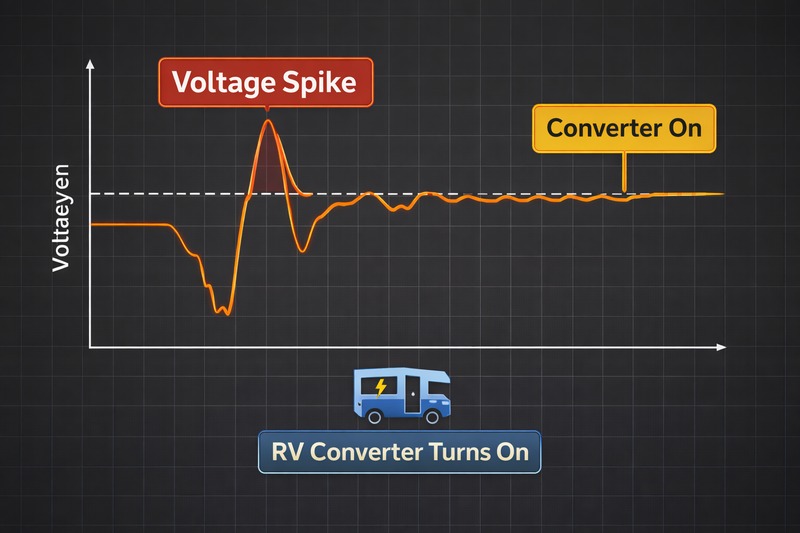 Diagram showing voltage spiking when an RV converter turns on