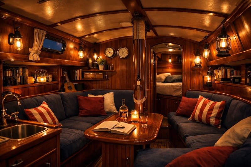 A cozy sailboat cabin interior lit by warm led filament bulbs