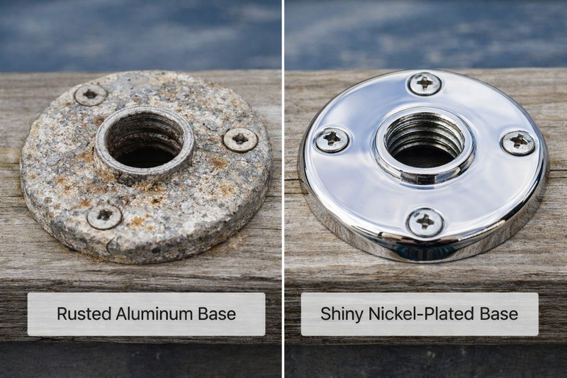 Comparison of a rusted aluminum base vs a shiny nickel plated base after salt spray test