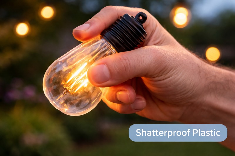 A hand squeezing a plastic S14 bulb to show flexibility