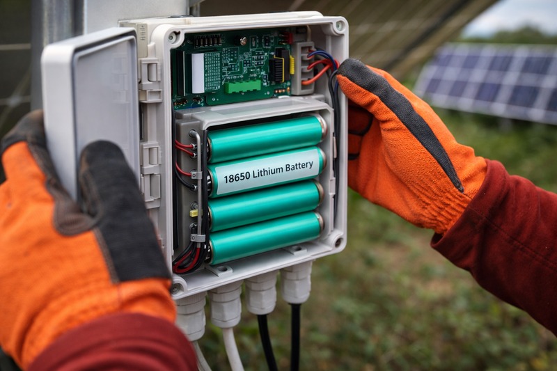 A technician opening a solar control box to show the 18650 lithium battery